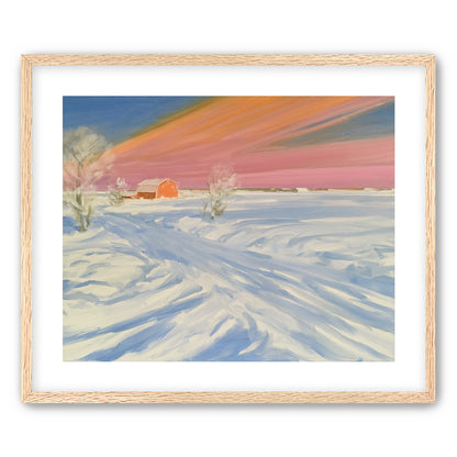 Pink sky over the red barn