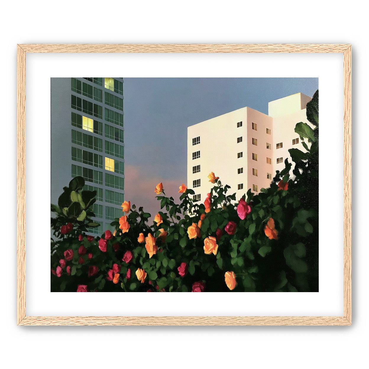 Roses below lit windows