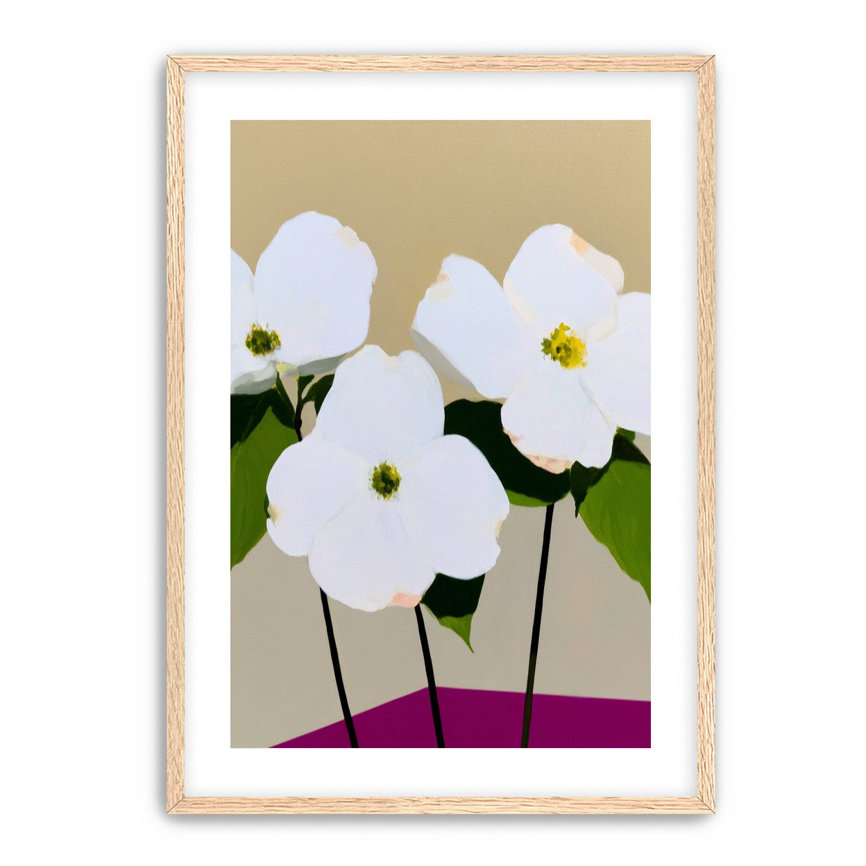 Three white flowers above purple