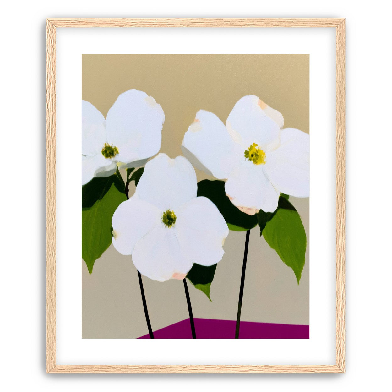 Three white flowers above purple