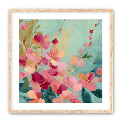 Pink blossoms drifting through teal