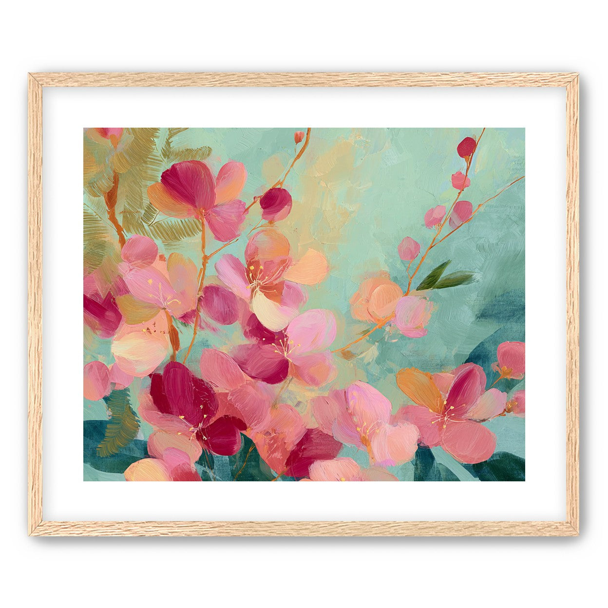 Pink blossoms drifting through teal