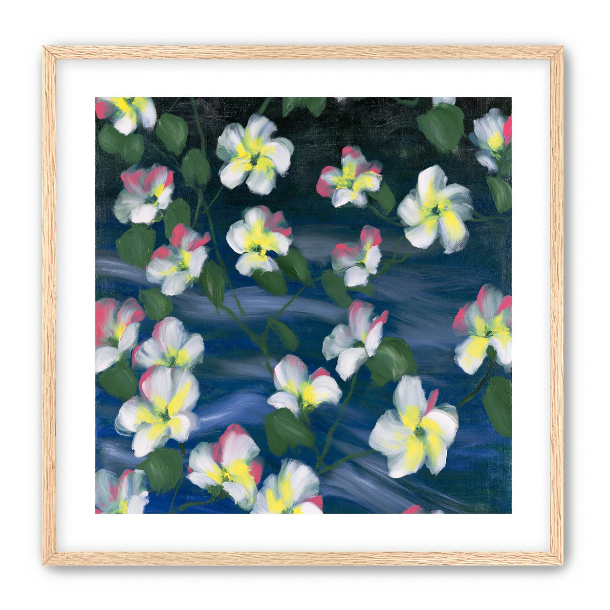 White flowers across deep blue