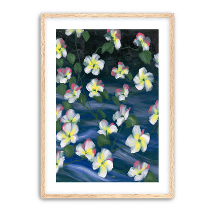 White flowers across deep blue