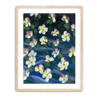 White flowers across deep blue