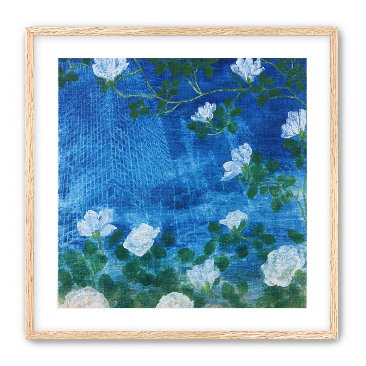 White blossoms on cobalt blue