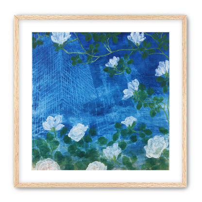 White blossoms on cobalt blue