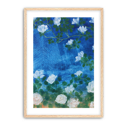 White blossoms on cobalt blue
