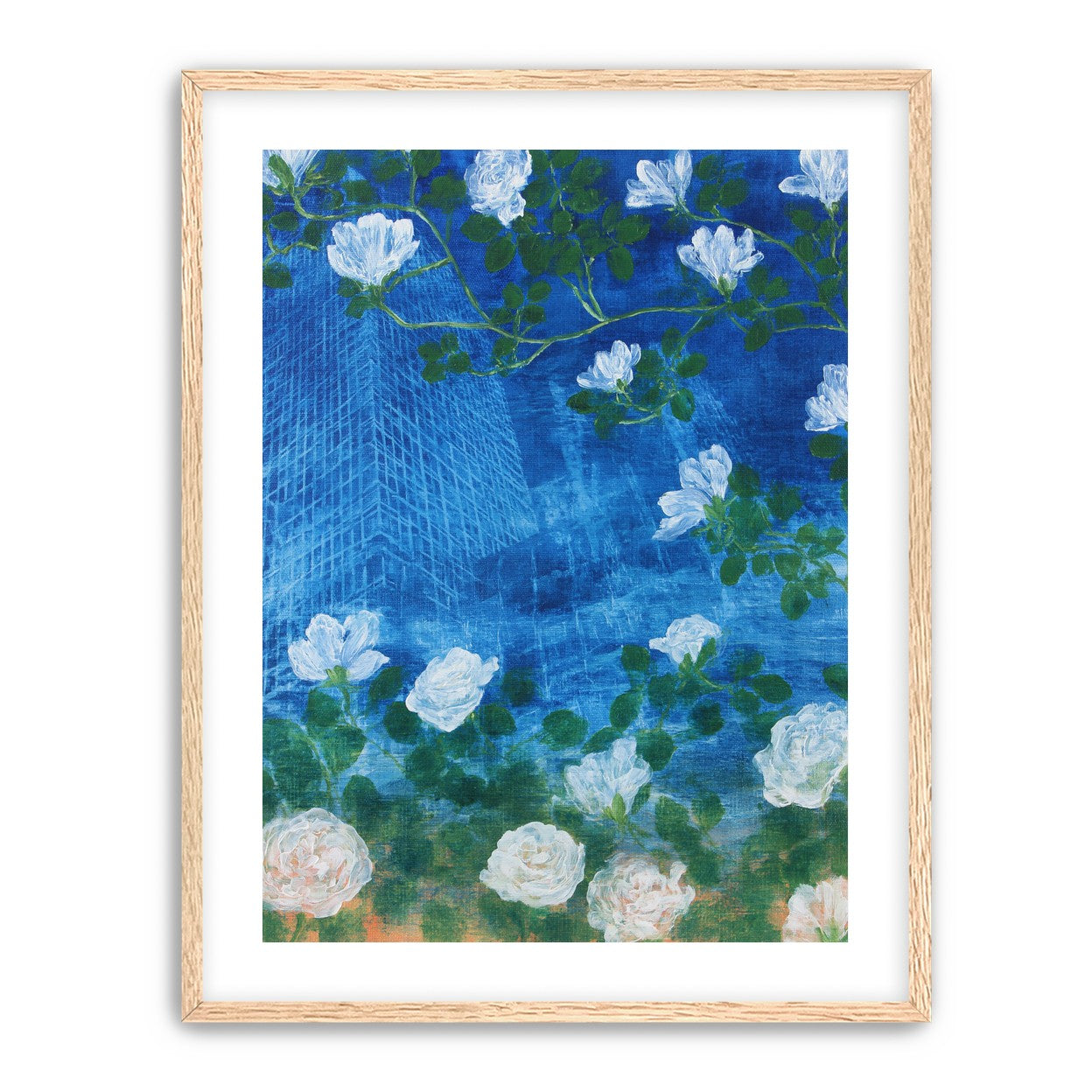White blossoms on cobalt blue