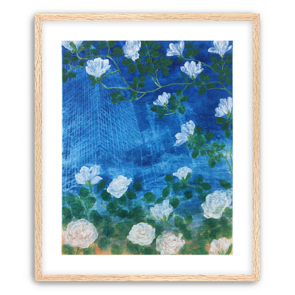 White blossoms on cobalt blue