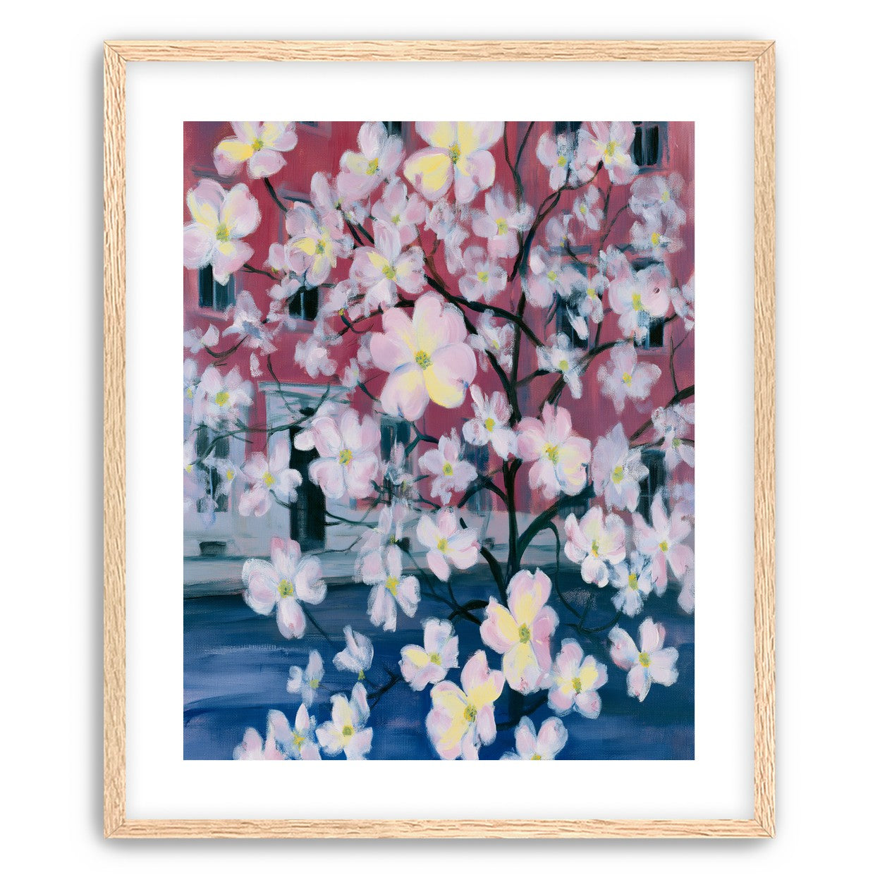 Blossoms across red windows