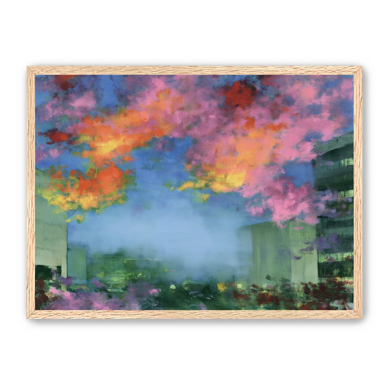 Neon clouds over rooftops