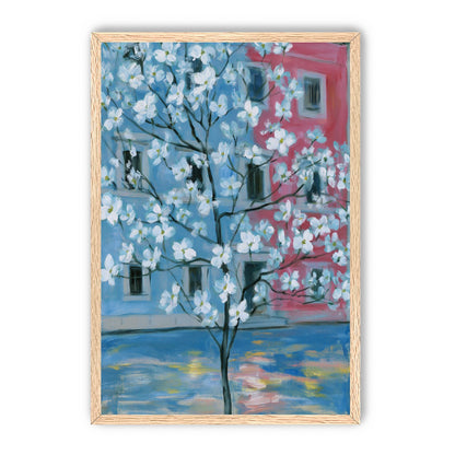 White blossoms across blue and pink