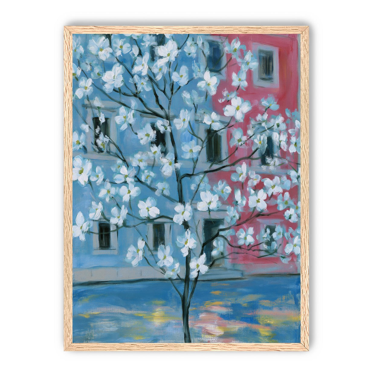 White blossoms across blue and pink
