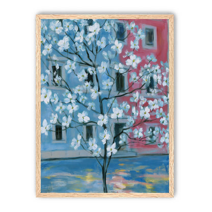 White blossoms across blue and pink