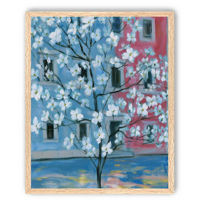 White blossoms across blue and pink