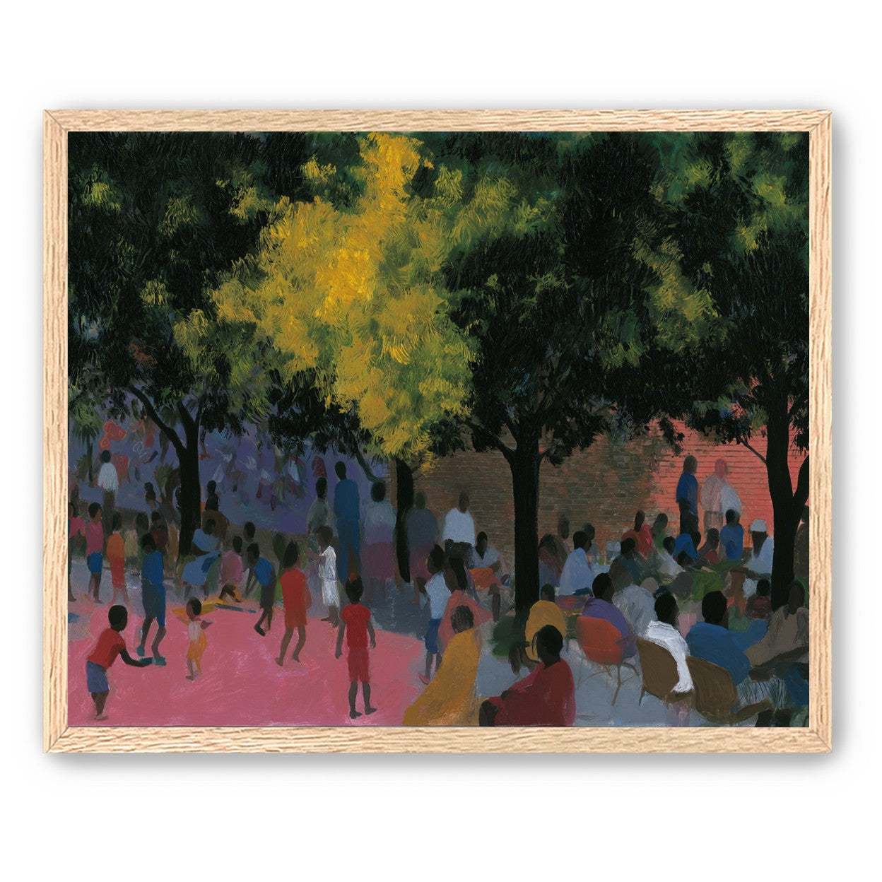 Children playing under trees