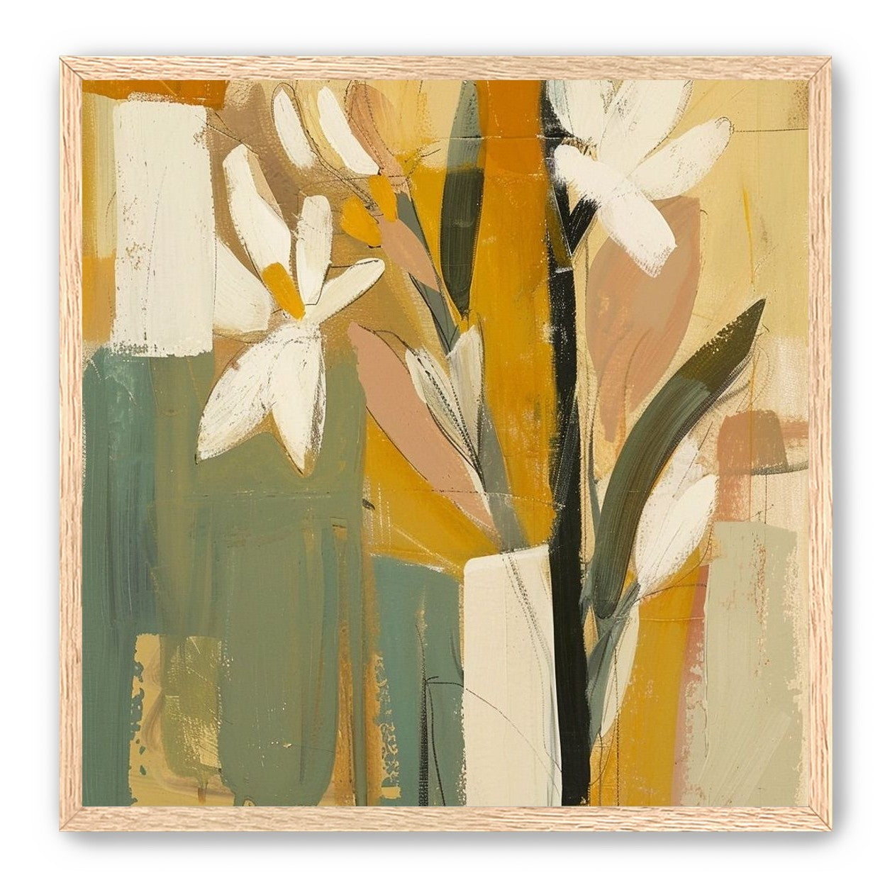 White flowers in ochre blocks