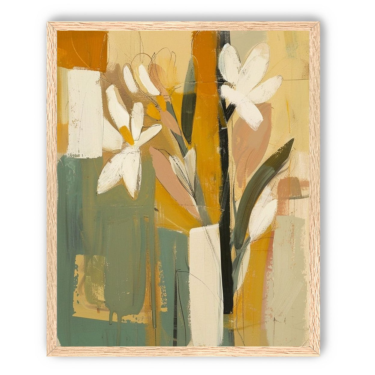 White flowers in ochre blocks