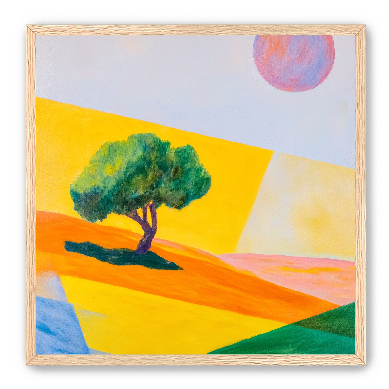 Pink sun over yellow hills