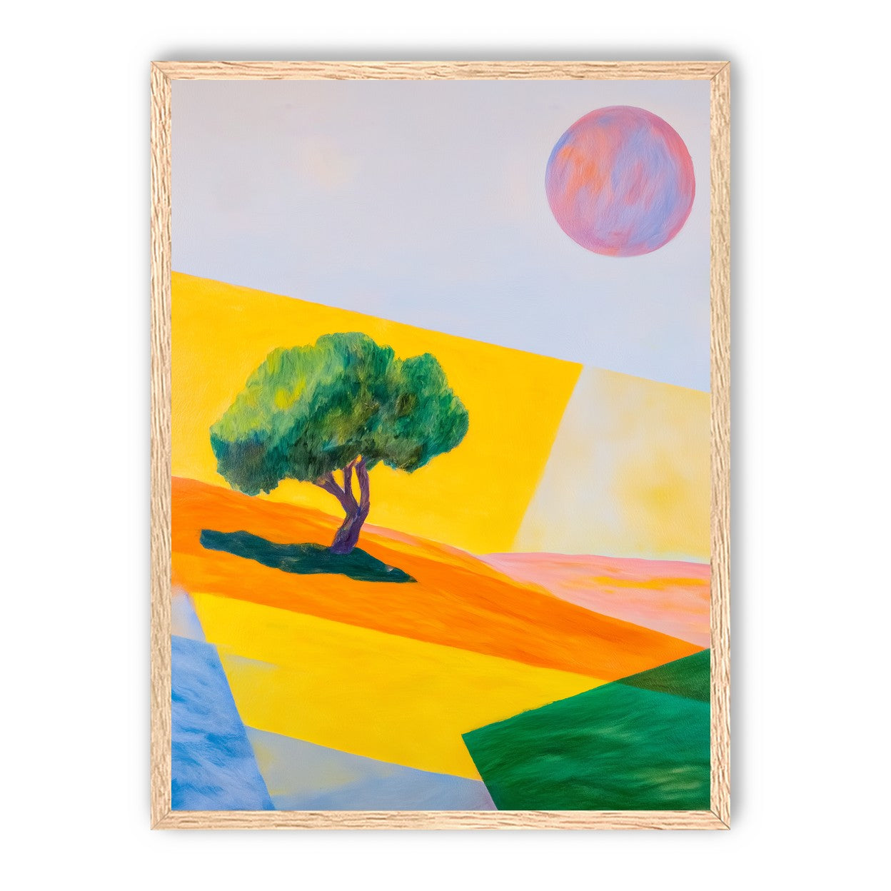 Pink sun over yellow hills
