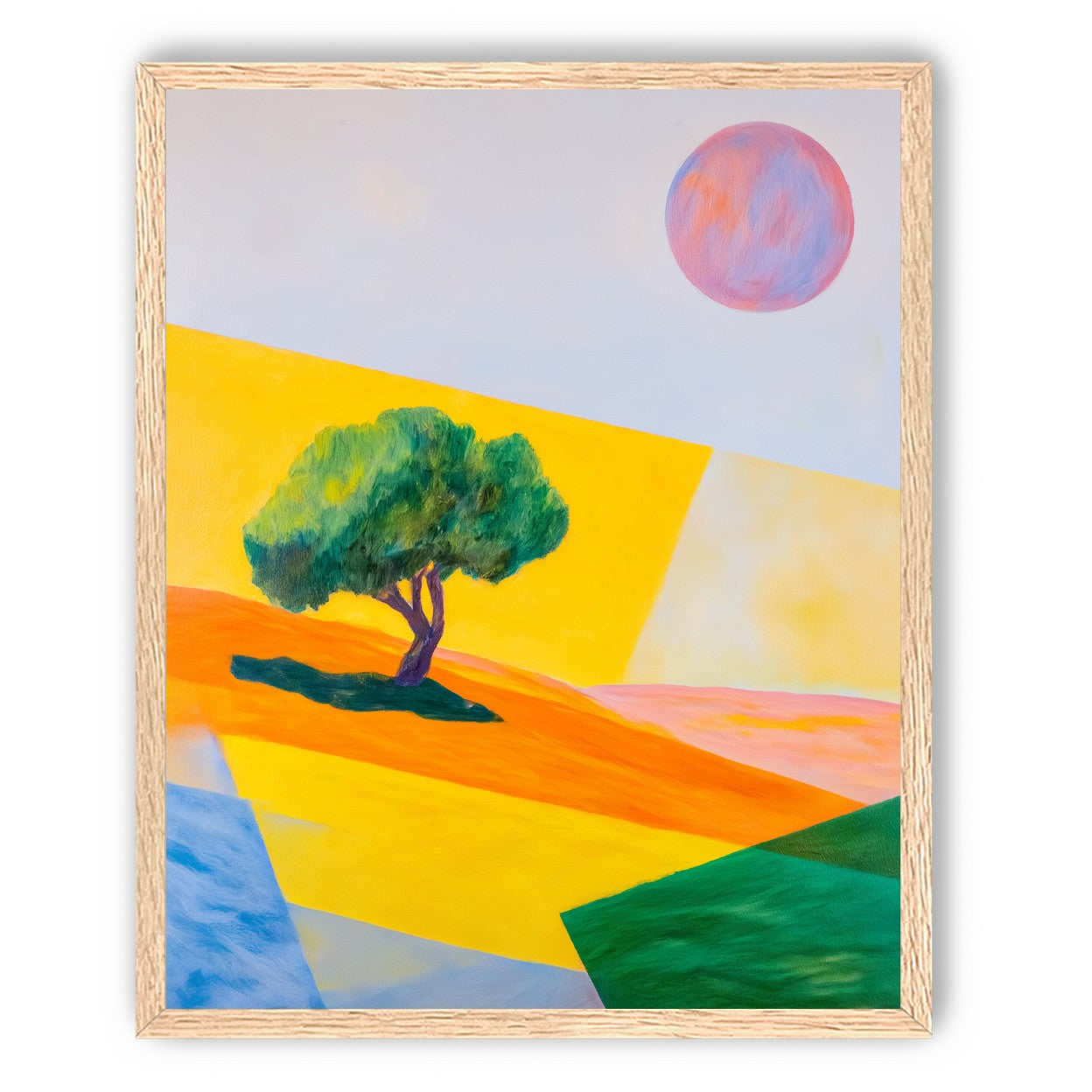 Pink sun over yellow hills