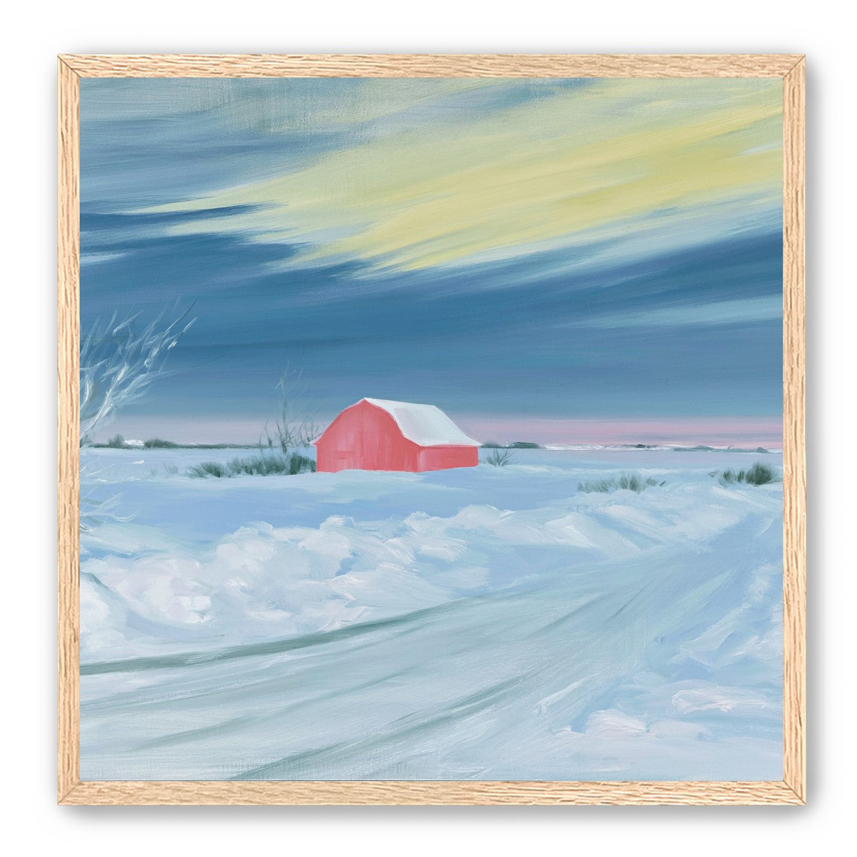 Red barn beneath winter sky