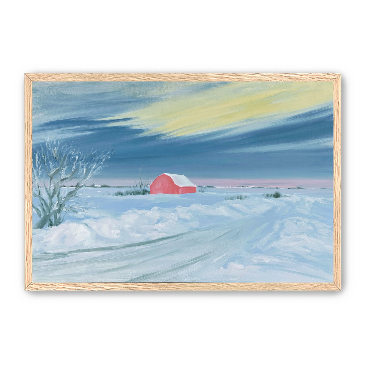 Red barn beneath winter sky