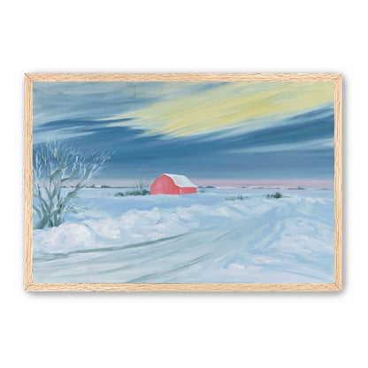 Red barn beneath winter sky