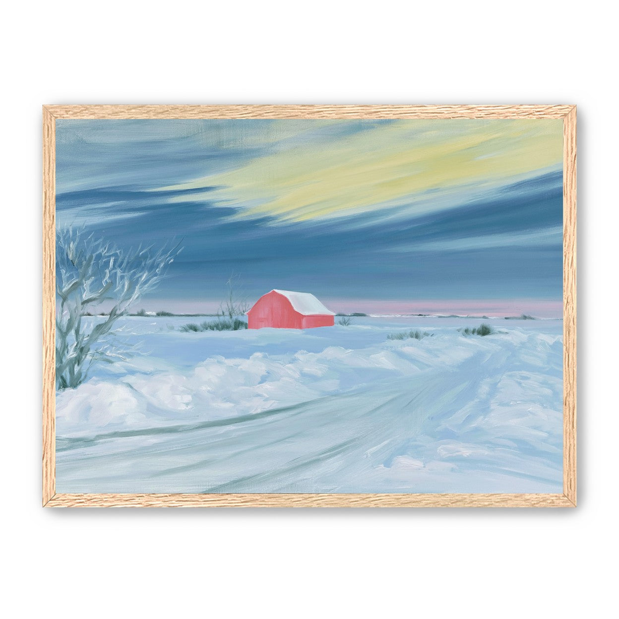 Red barn beneath winter sky