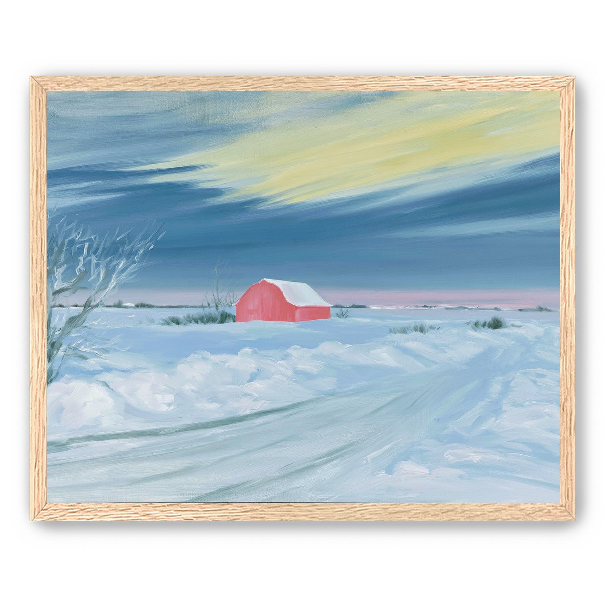 Red barn beneath winter sky