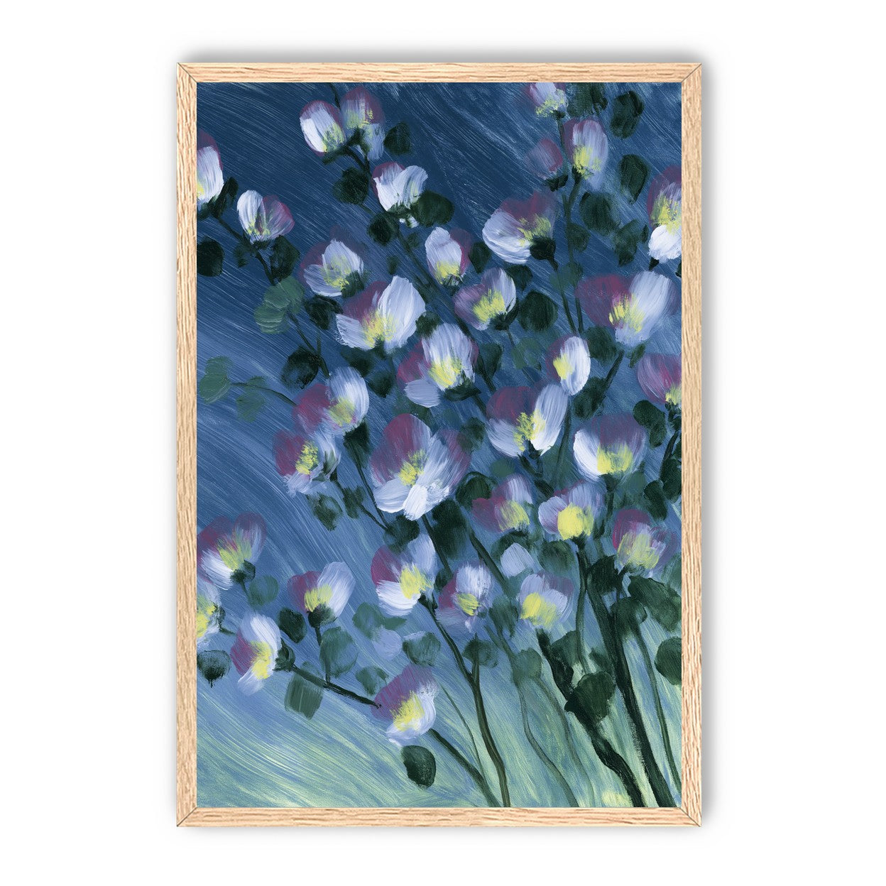White blossoms on blue field