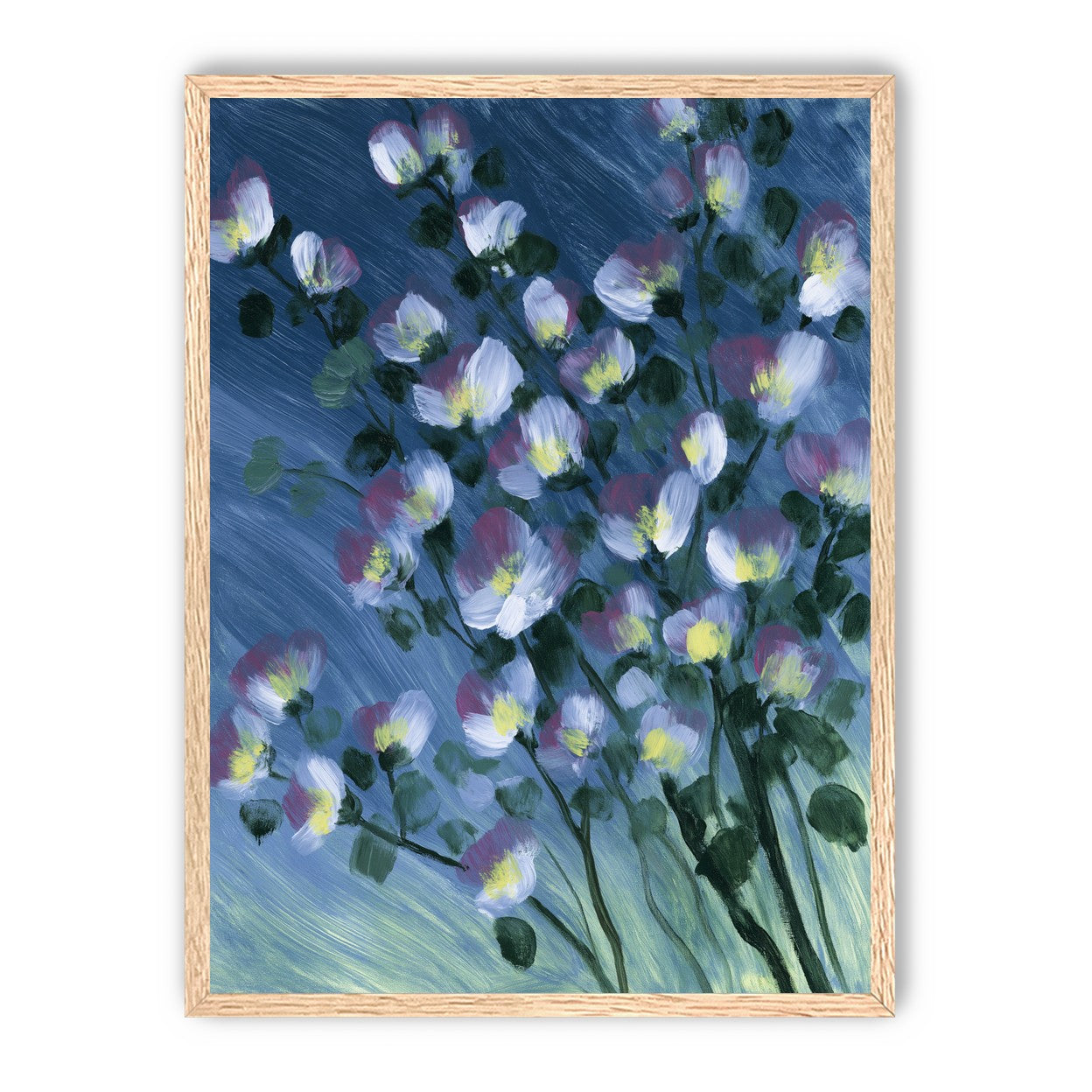White blossoms on blue field