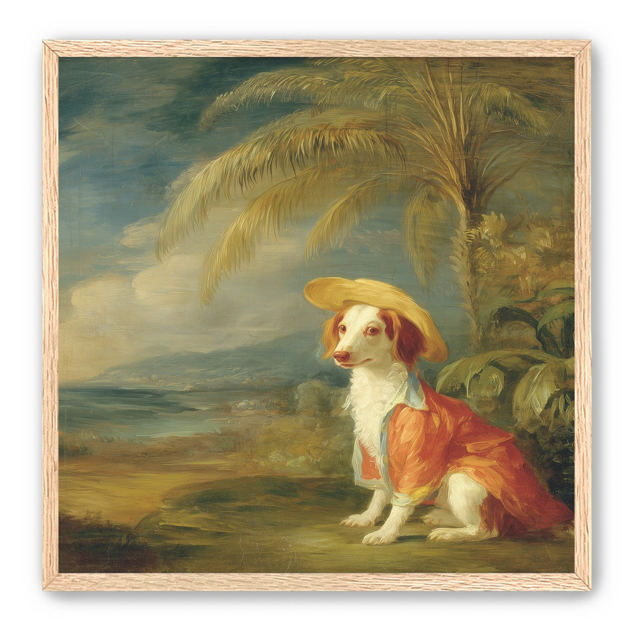 A hatted dog by the sea