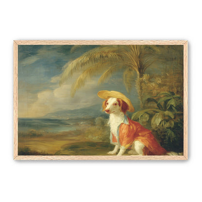 A hatted dog by the sea