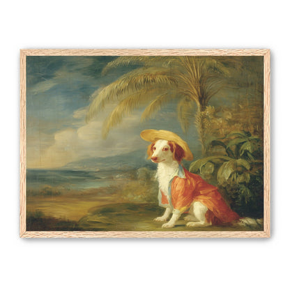 A hatted dog by the sea