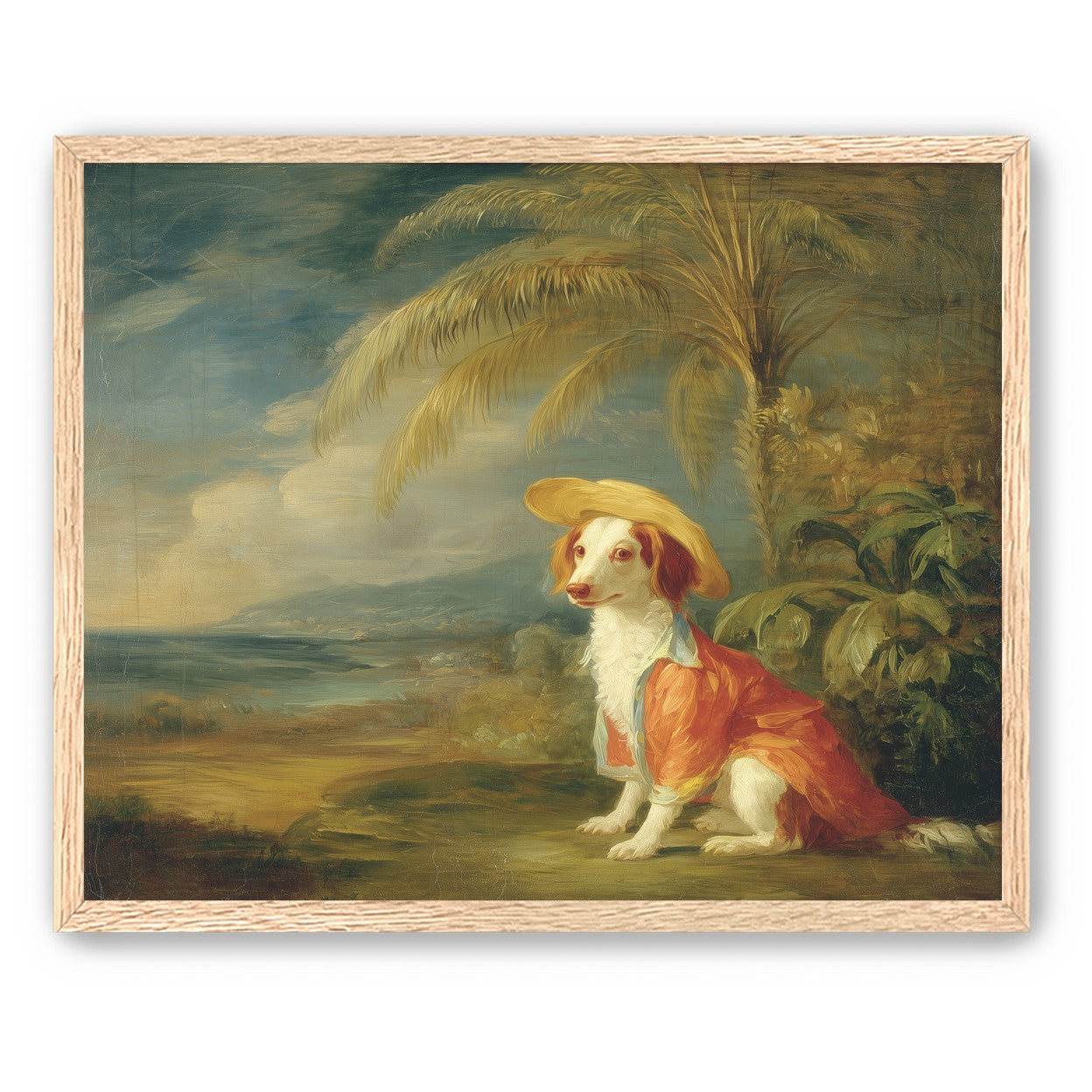 A hatted dog by the sea