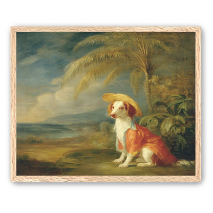 A hatted dog by the sea