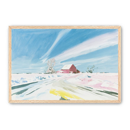 White sky over red barn
