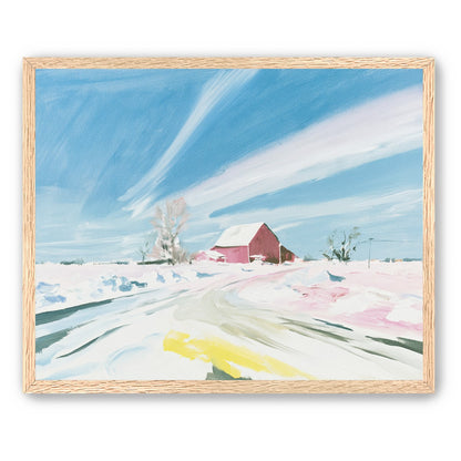 White sky over red barn