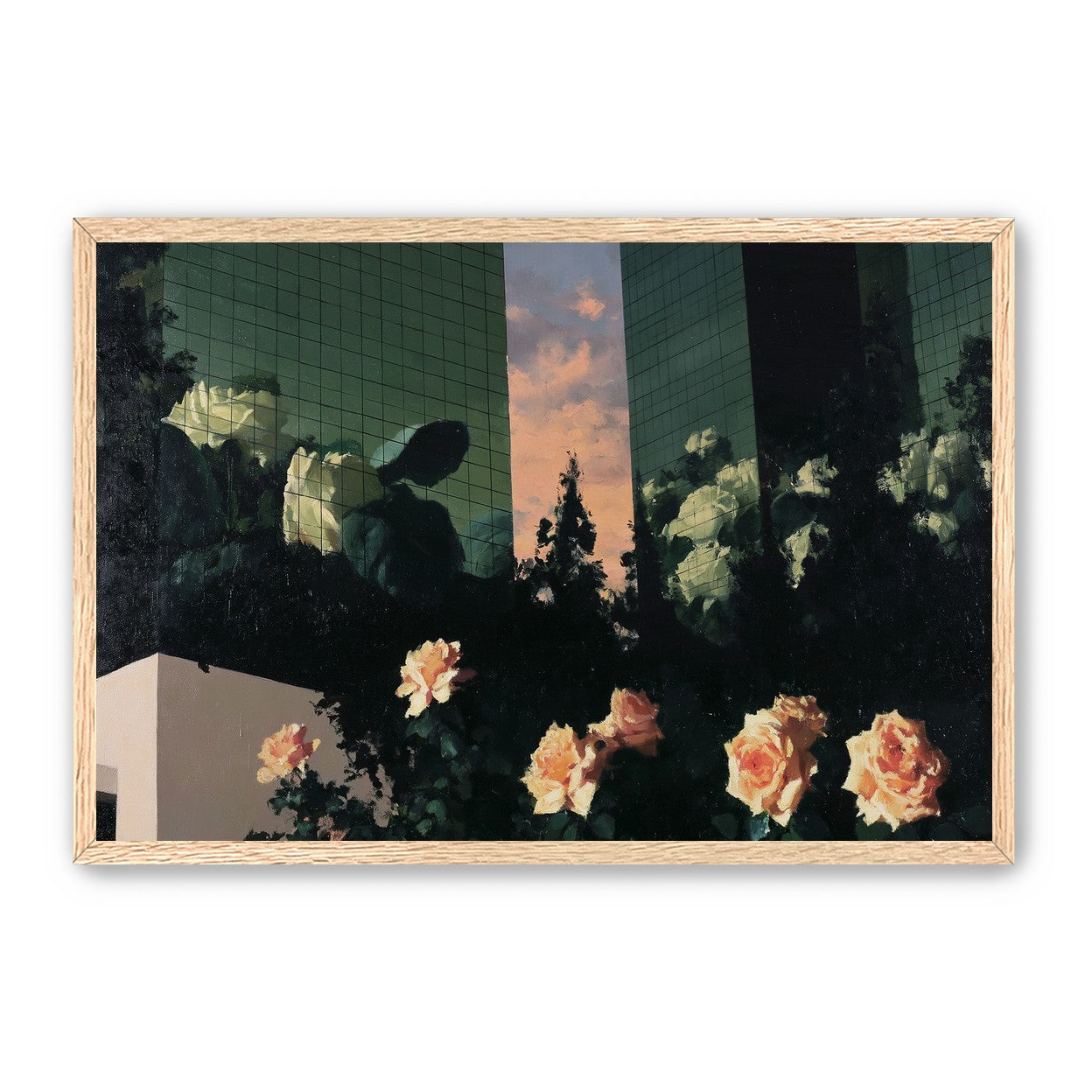 Roses under green towers