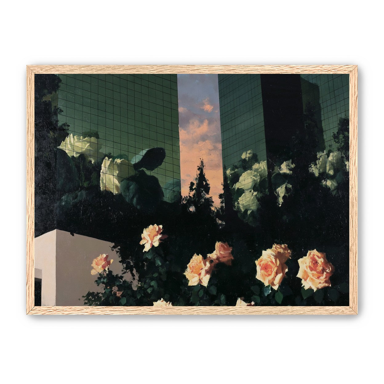 Roses under green towers