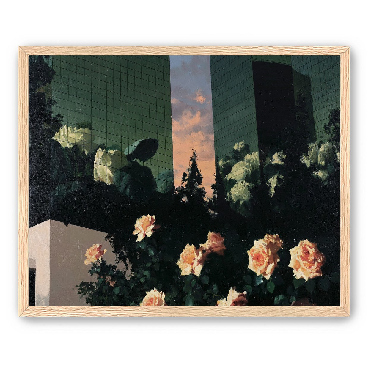 Roses under green towers