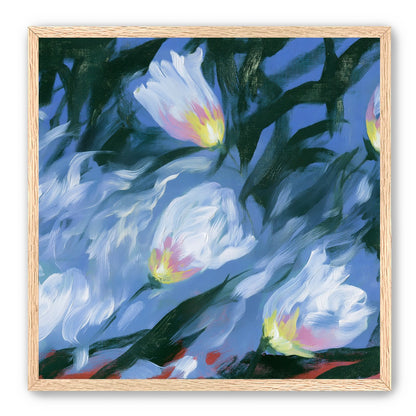 White tulips on blue ground