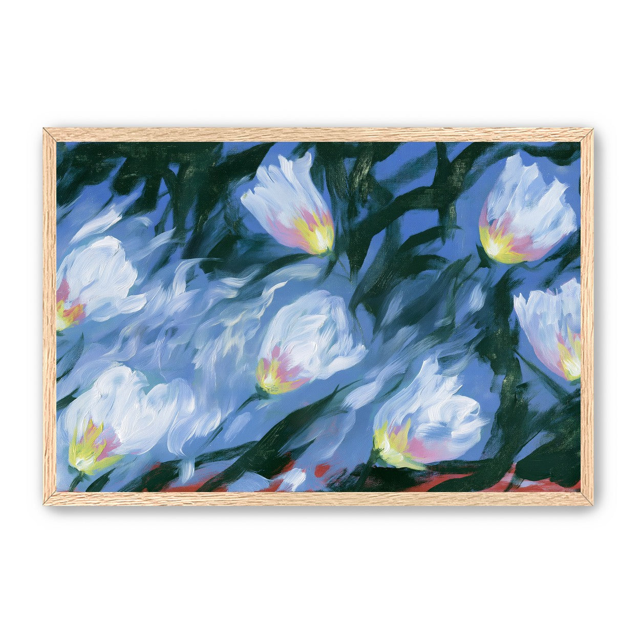 White tulips on blue ground