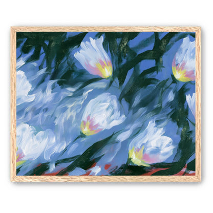 White tulips on blue ground