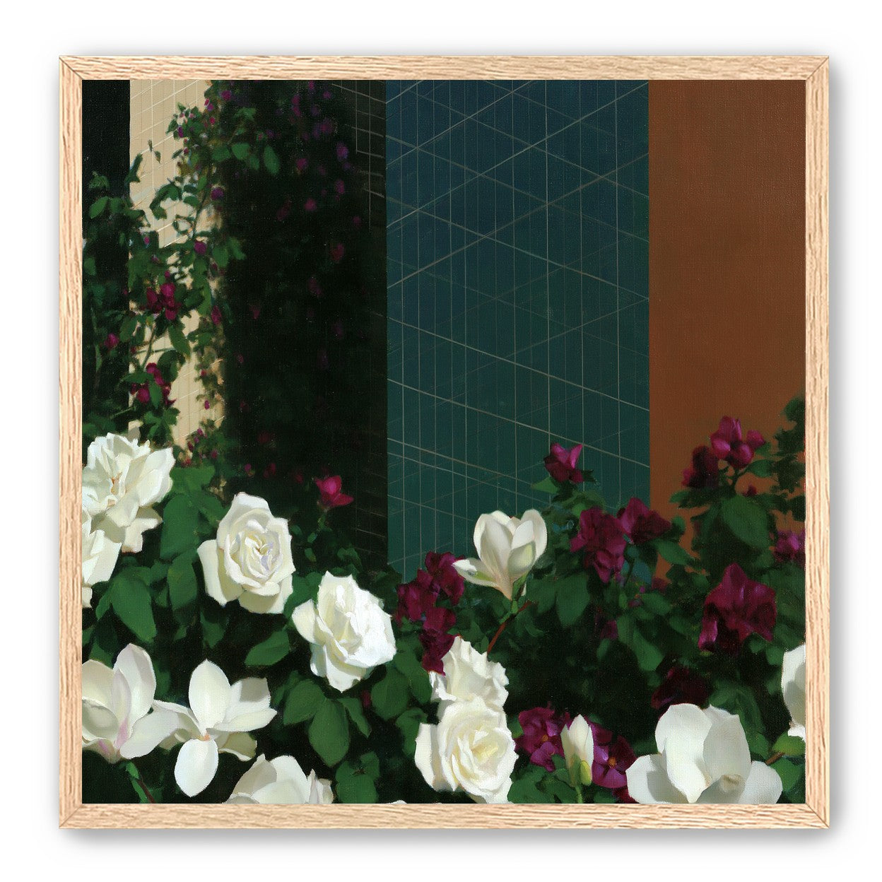 Roses against the blue grid