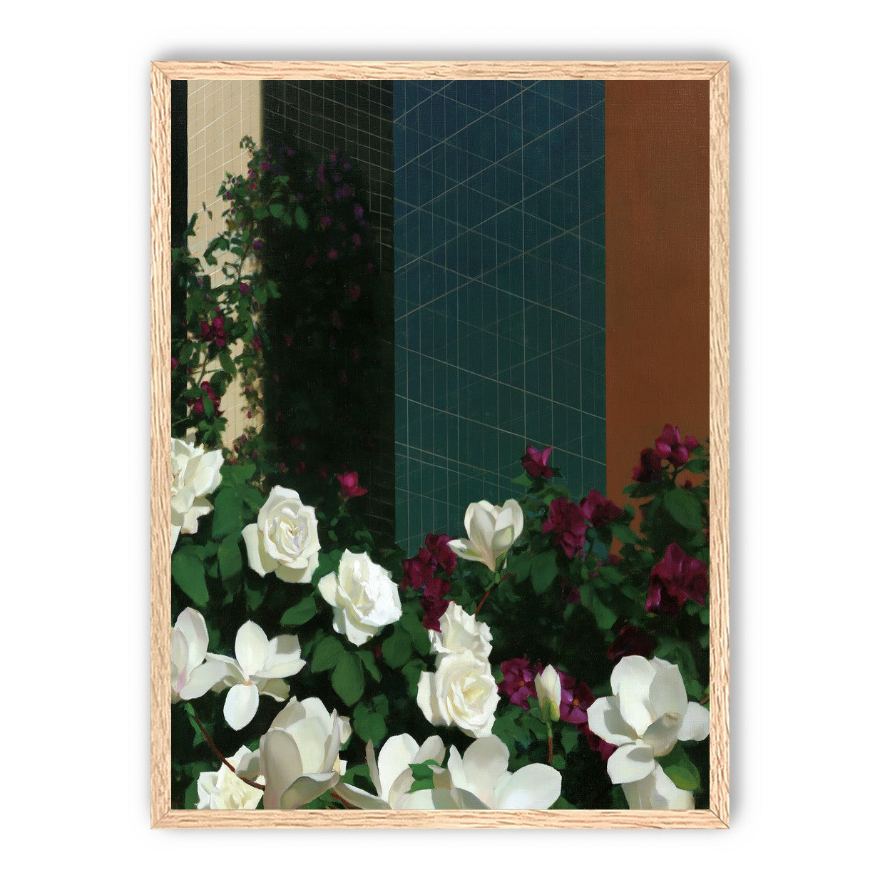 Roses against the blue grid