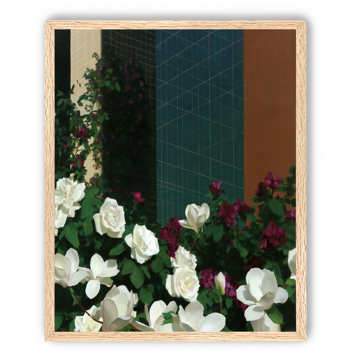 Roses against the blue grid