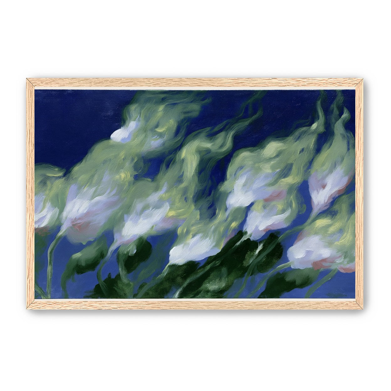 Pale flowers across blue field